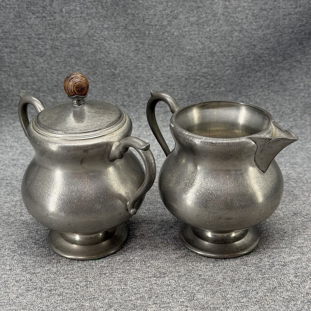Old Royal Holland Pewter Creamer Sugar Set KMD Mid Century Dutch Metalware Set